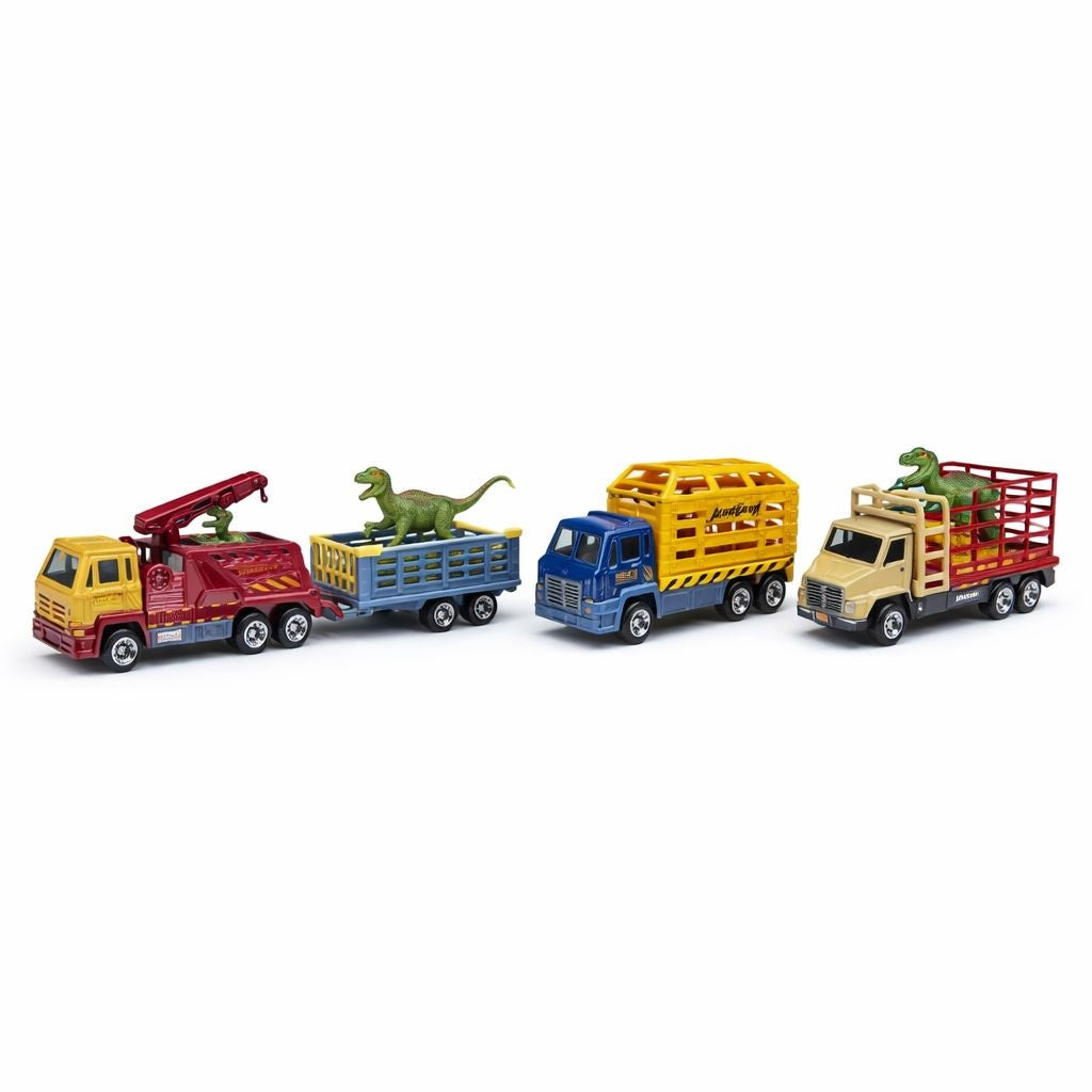Set cu 4 masinute die cast metal cu dinozauri, 13.5 cm