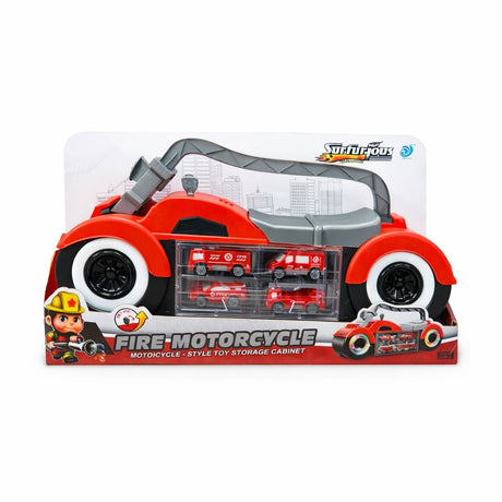 Set cu 4 Masinute Pompieri cu Cutie Depozitare Motocicleta, 41 cm, Lumini si Sunete