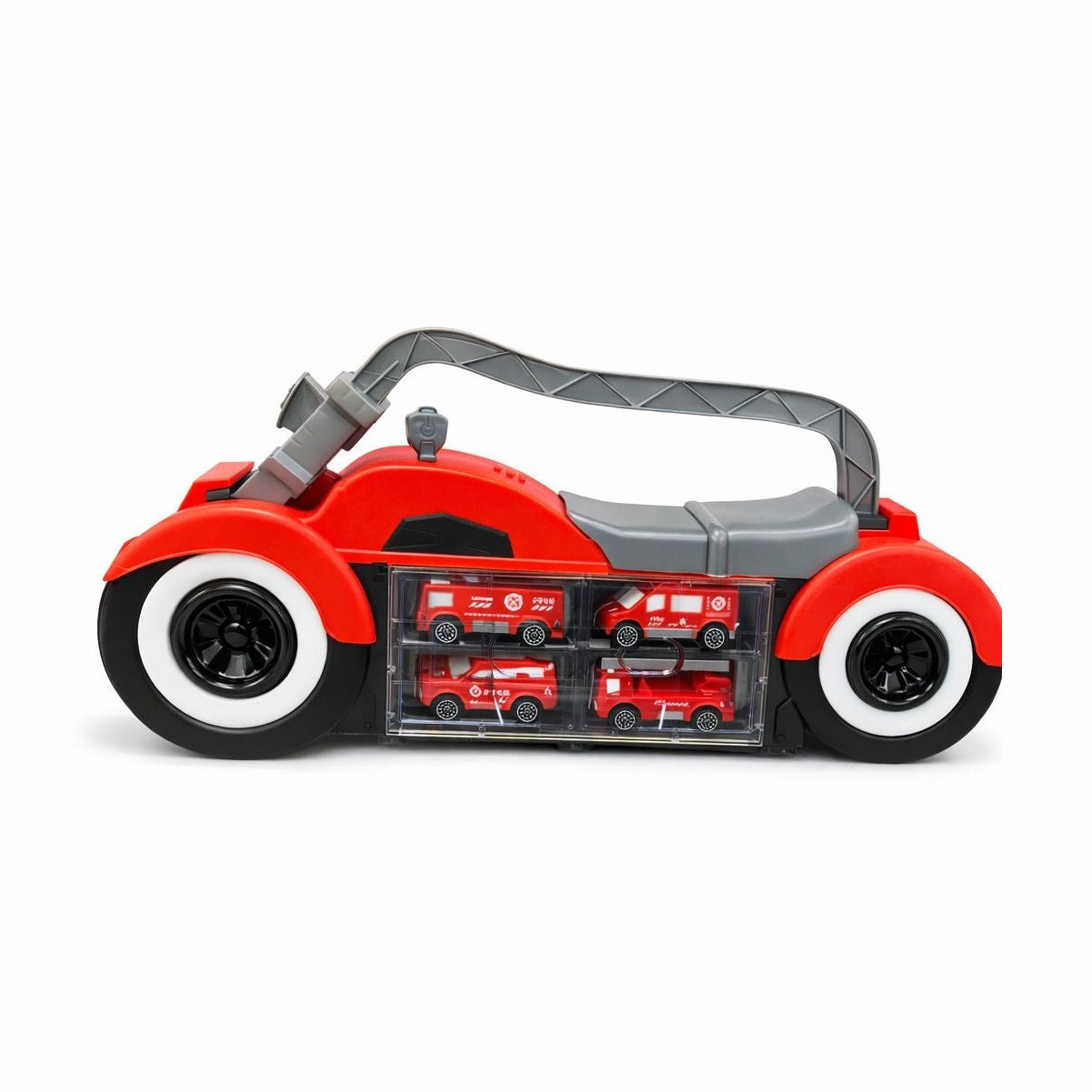 Set cu 4 Masinute Pompieri cu Cutie Depozitare Motocicleta, 41 cm, Lumini si Sunete