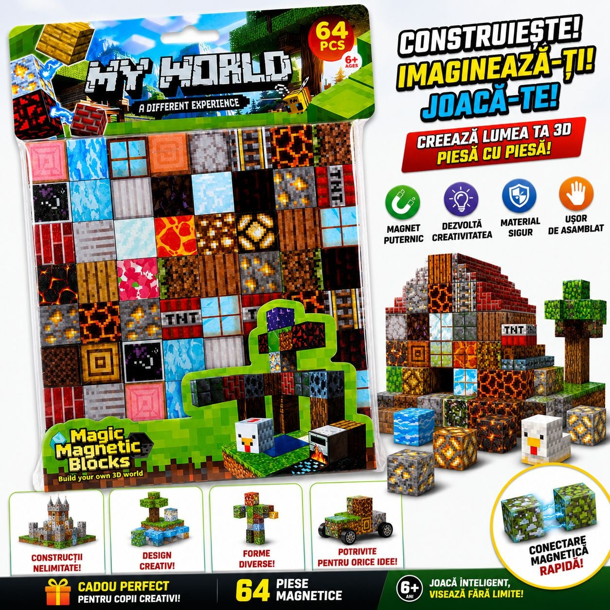 Set Cuburi Magnetice 3D, 64 Piese Magnetice pentru Construcții Creative, Joc Educativ