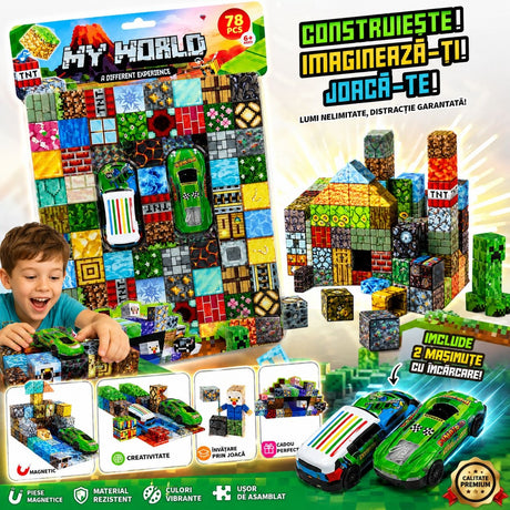 Set Cuburi Magnetice 3D, 78 Piese Magnetice pentru Construcții Creative, cu 2 Mașinuțe Incluse