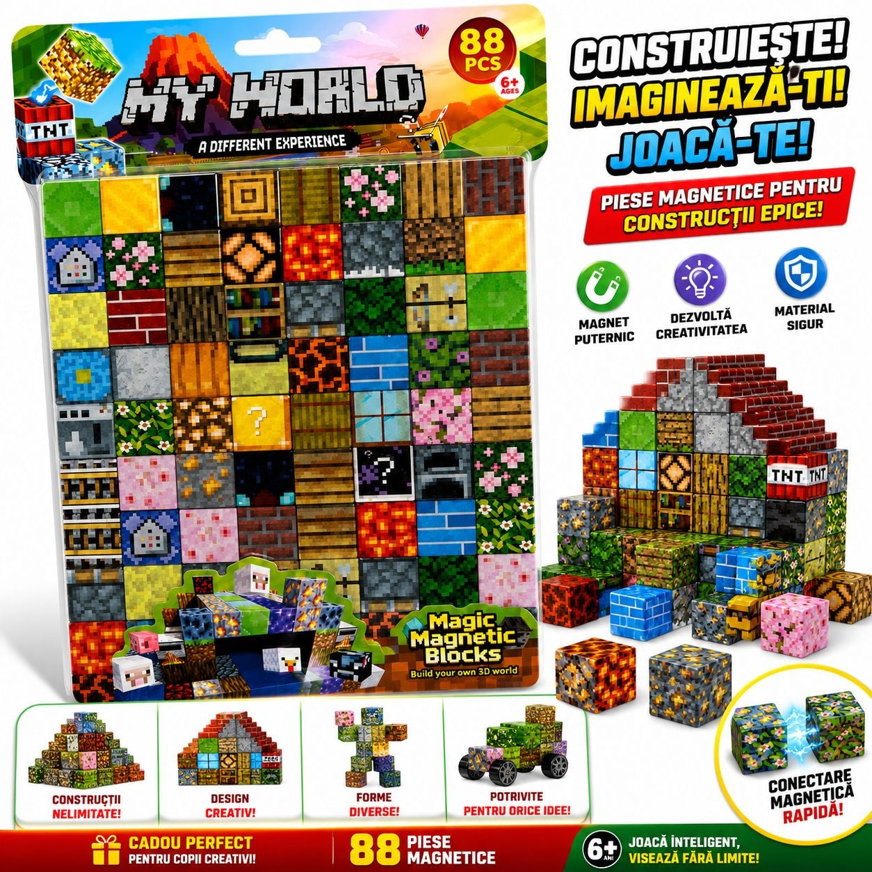 Set Cuburi Magnetice 3D, 88 Piese Magnetice pentru Construcții Creative, Joc Educativ