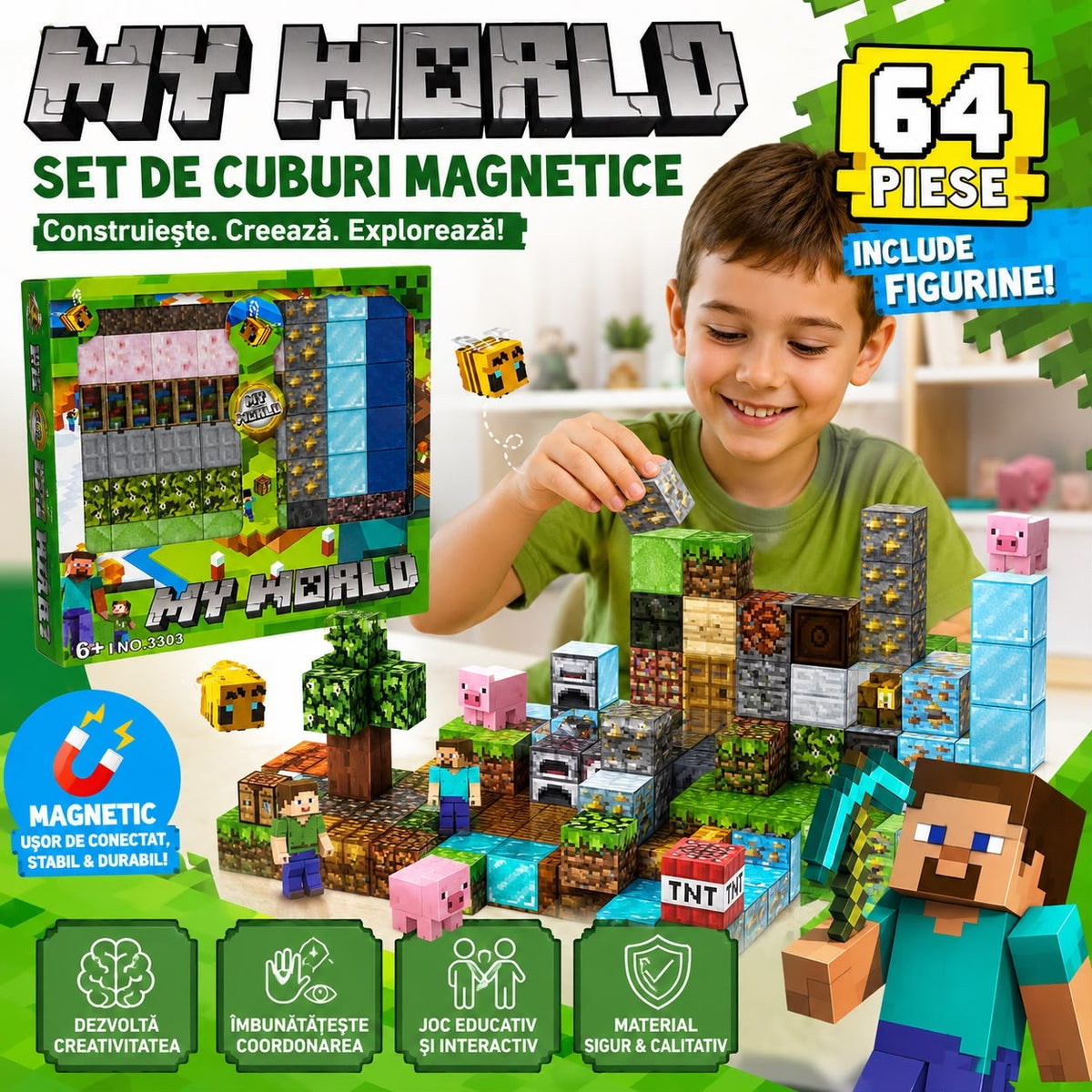 Set Cuburi Magnetice de Construcție, 64 Piese cu Figurine, Joc Educativ și Creativ pentru Copii