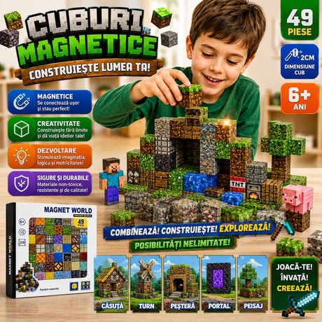 Set Cuburi Magnetice Magnet World, 49 Piese, 2 cm – Joc de Construcție 3D Educativ pentru Copii 6+
