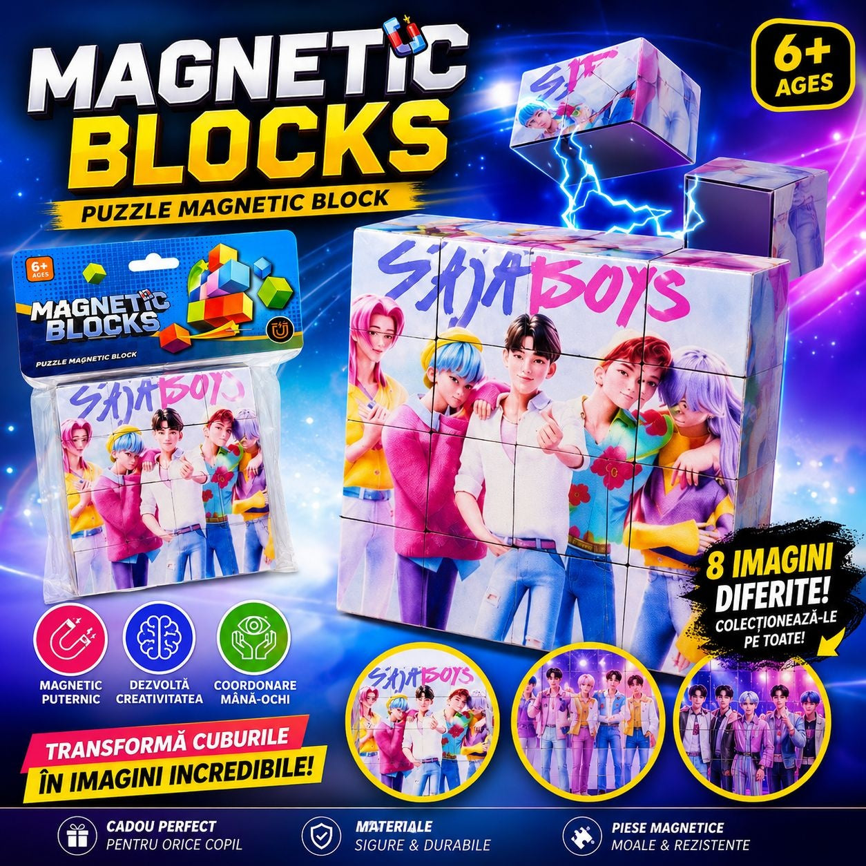 Set Cuburi Magnetice Puzzle 3D, 8 Cuburi Magnetice cu 8 Imagini Diferite, Joc Educativ pentru Copii