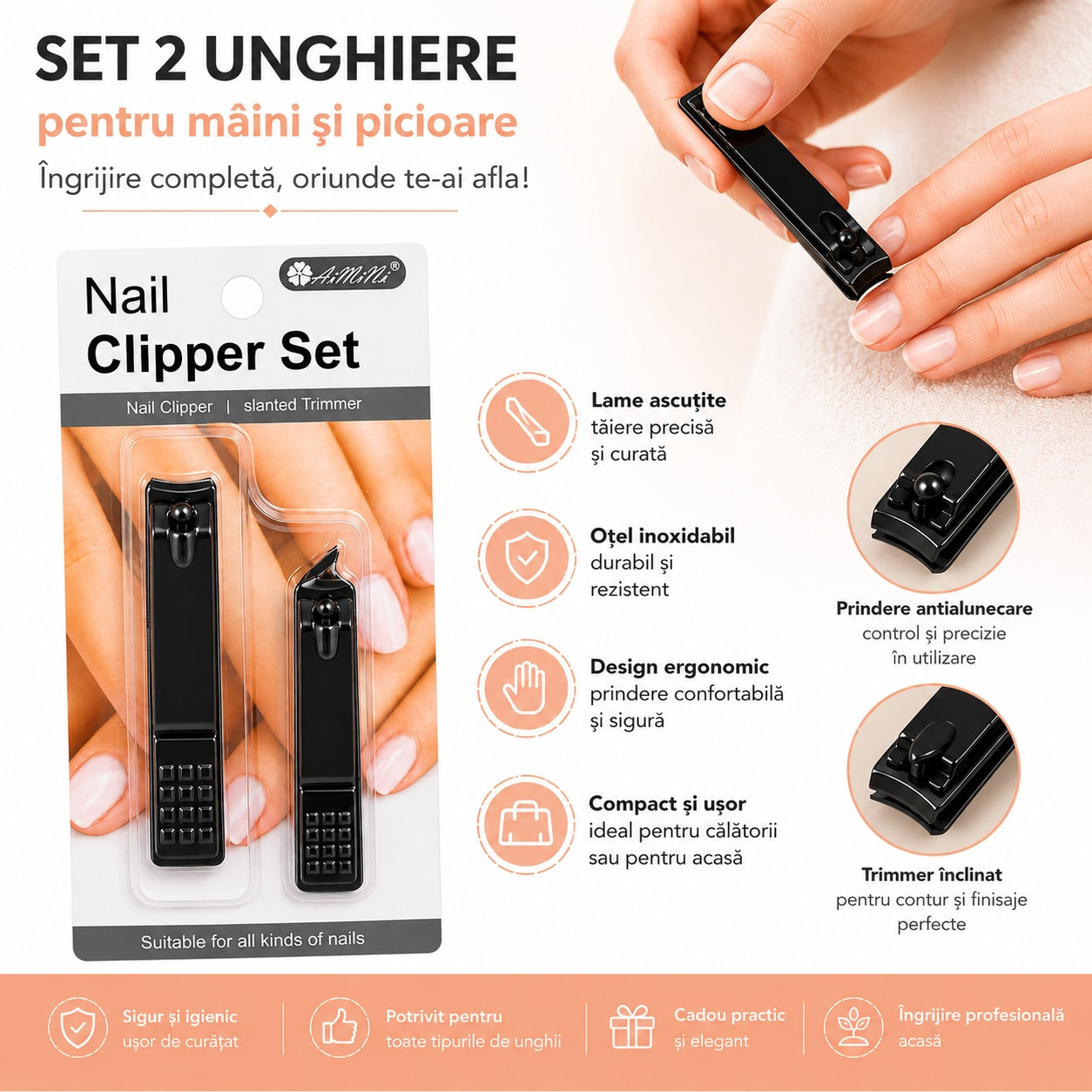 Set de 2 Unghiere Negre pentru Mâini și Picioare – Material Inoxidabil, Design Elegant și Precizie Profesională