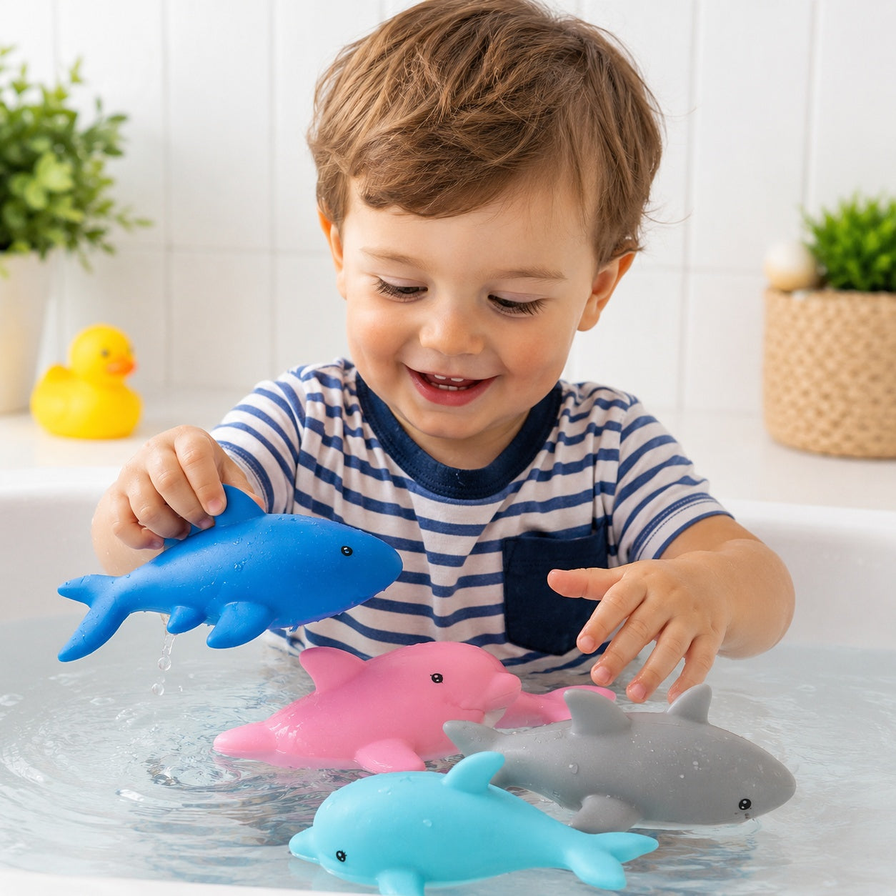 Set de 4 animalute de apa pentru baie copii, delfini si rechini colorati, 13 cm