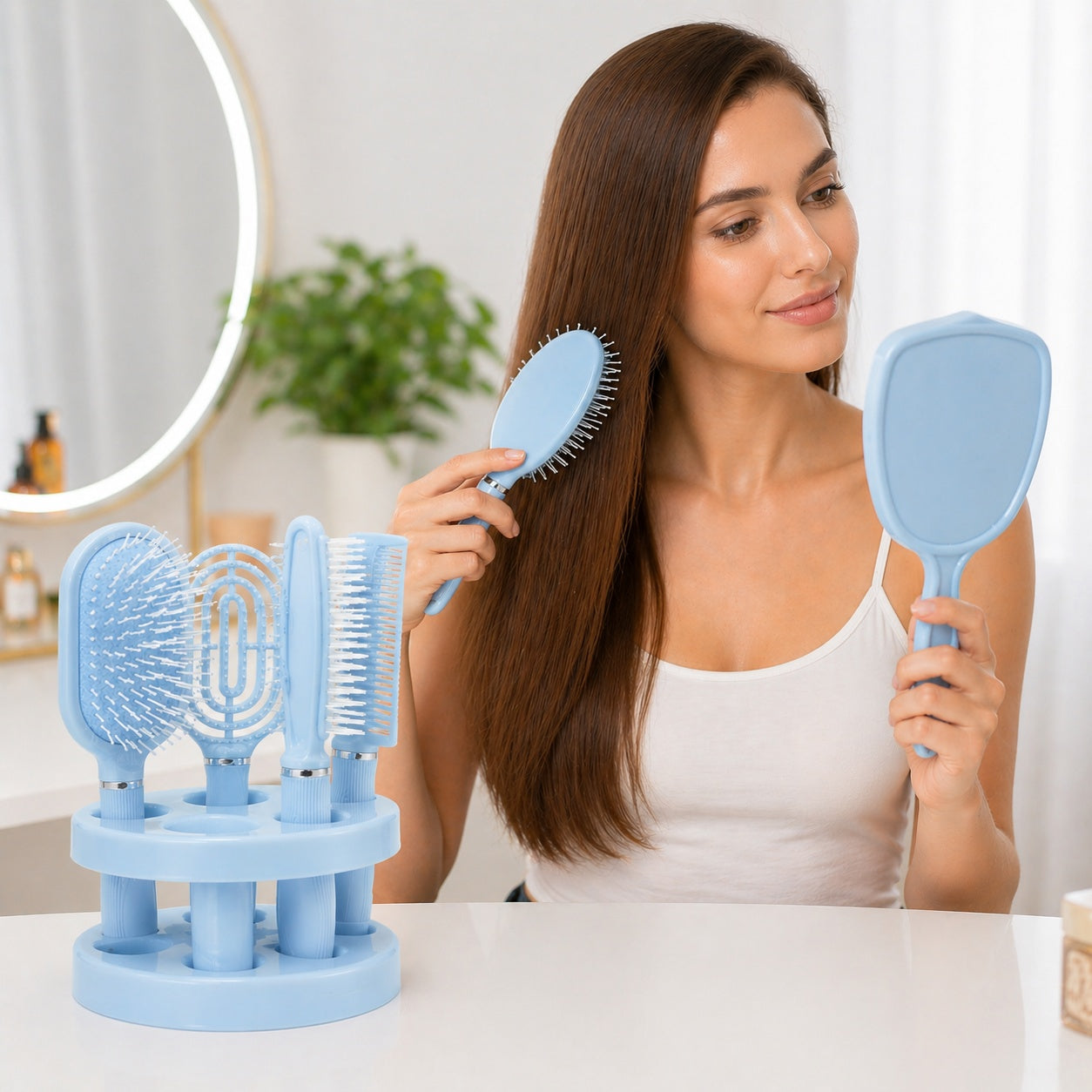 Set de 4 Perii de Păr și Oglindă cu Suport, Albastru – Kit Complet pentru Îngrijire și Styling