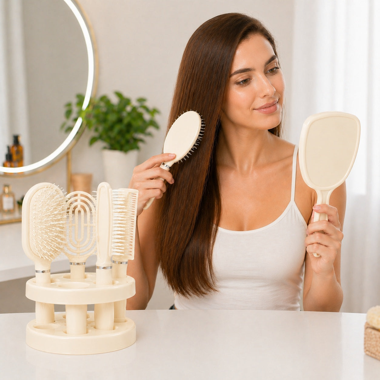 Set de 4 Perii de Păr și Oglindă cu Suport, Crem – Kit Complet pentru Coafare și Îngrijire