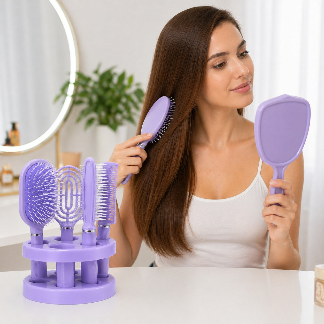 Set de 4 Perii de Păr și Oglindă cu Suport, Mov – Kit Complet pentru Coafare și Îngrijire