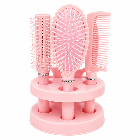 Set de 4 Perii de Păr și Oglindă cu Suport, Roz – Kit Complet pentru Îngrijire și Styling