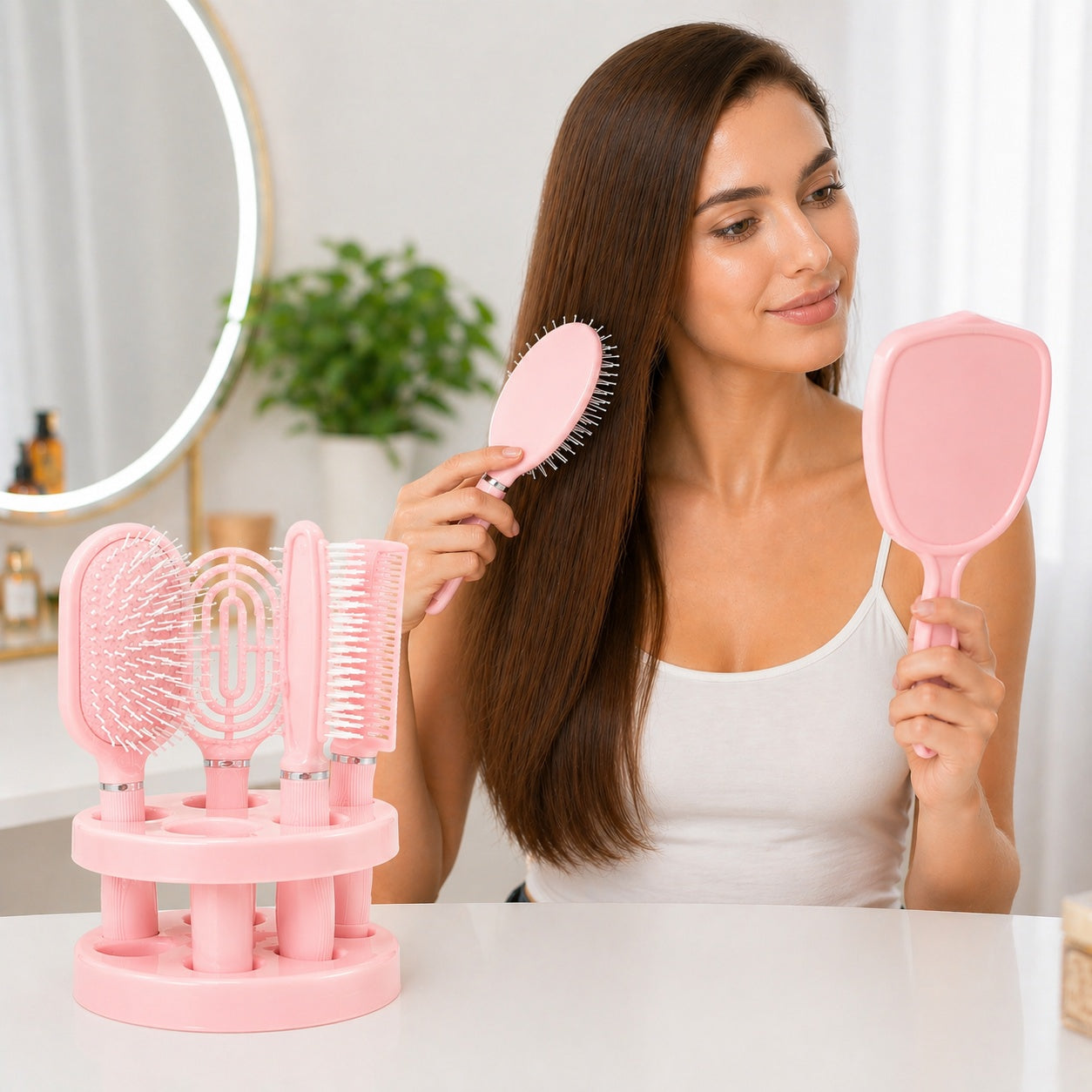 Set de 4 Perii de Păr și Oglindă cu Suport, Roz – Kit Complet pentru Îngrijire și Styling