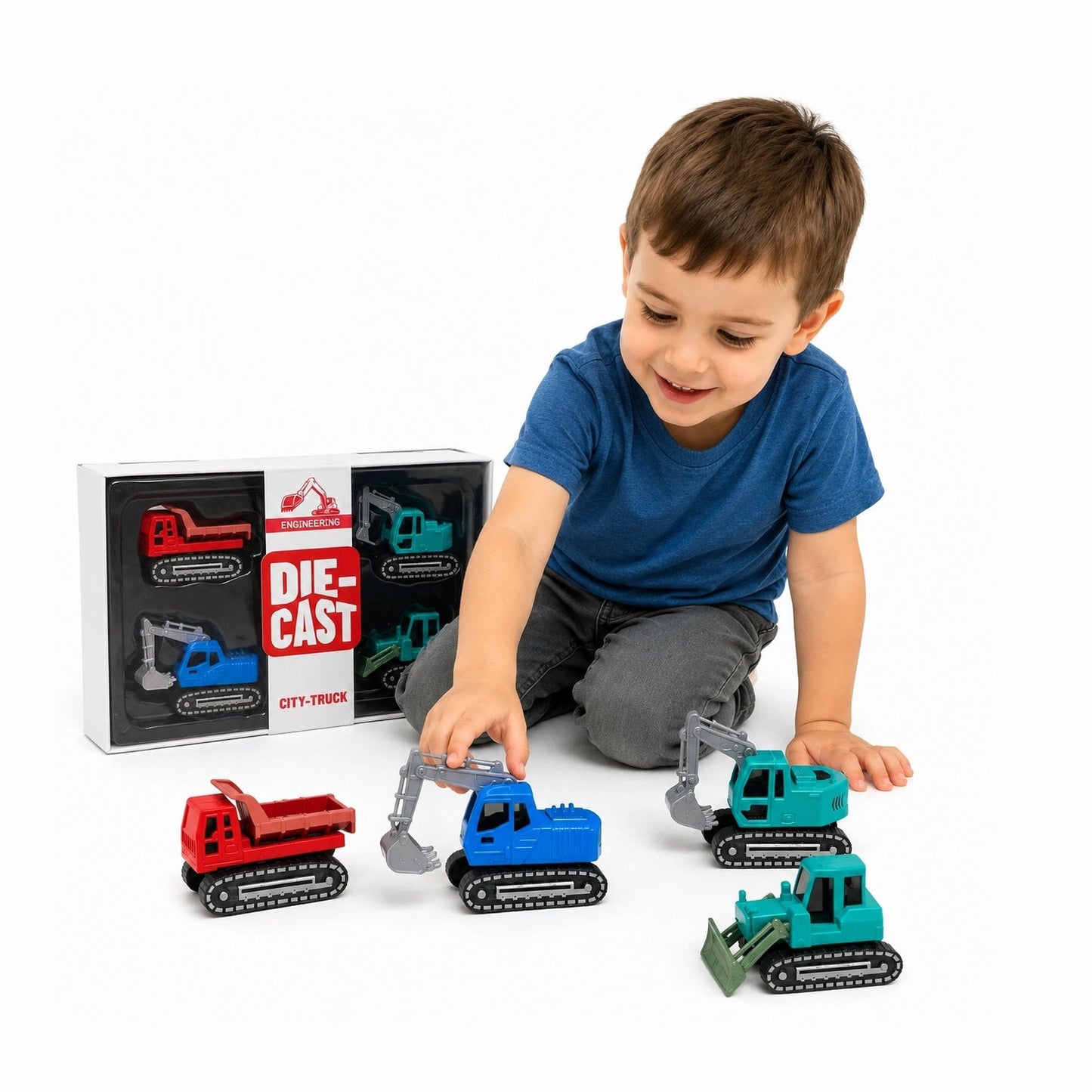 Set de 4 vehicule constructii, metal die-cast, 5-7 cm, diverse culori