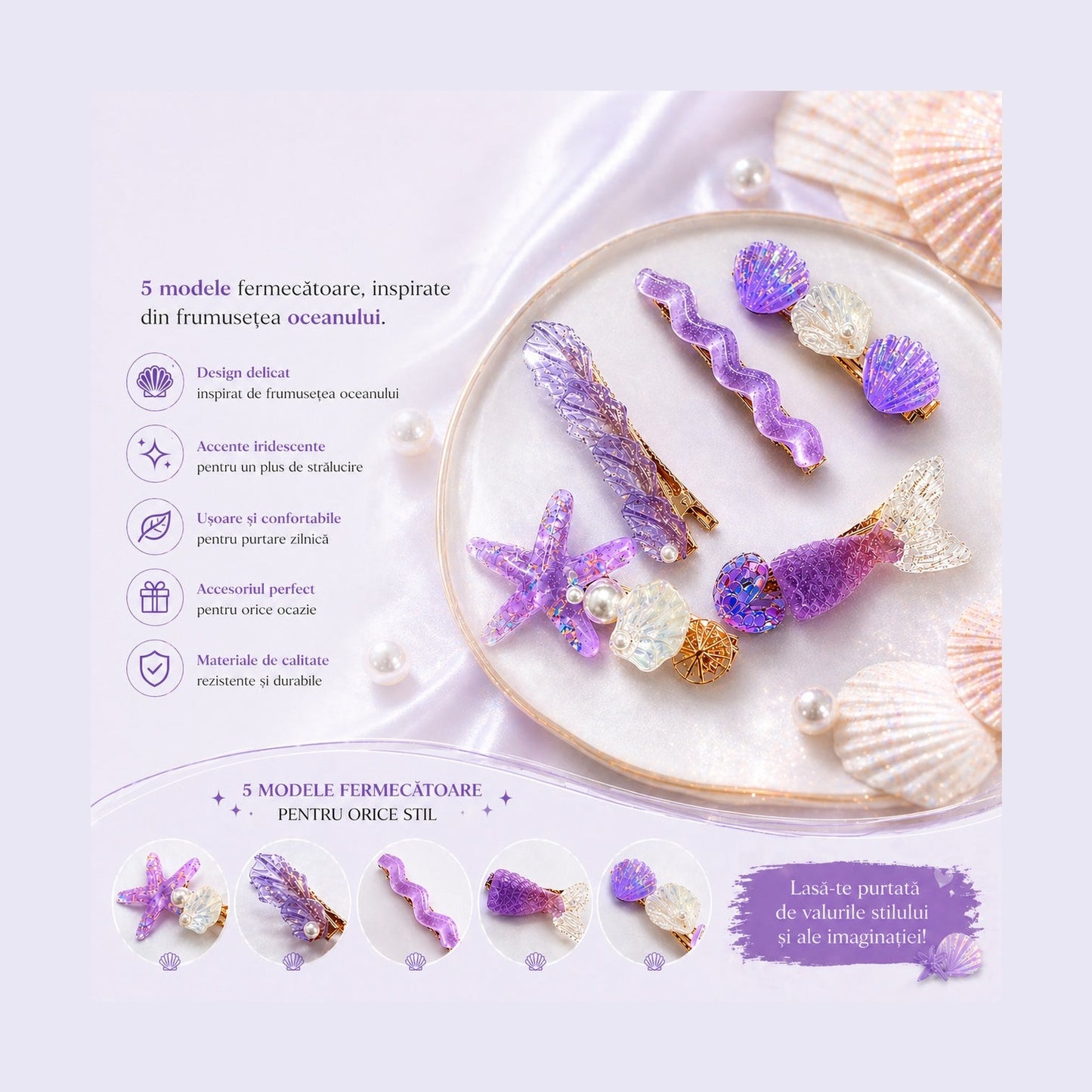 Set de 5 Clame de Păr colorate – Scoici, Stea de Mare și pesti, Culori Diverse