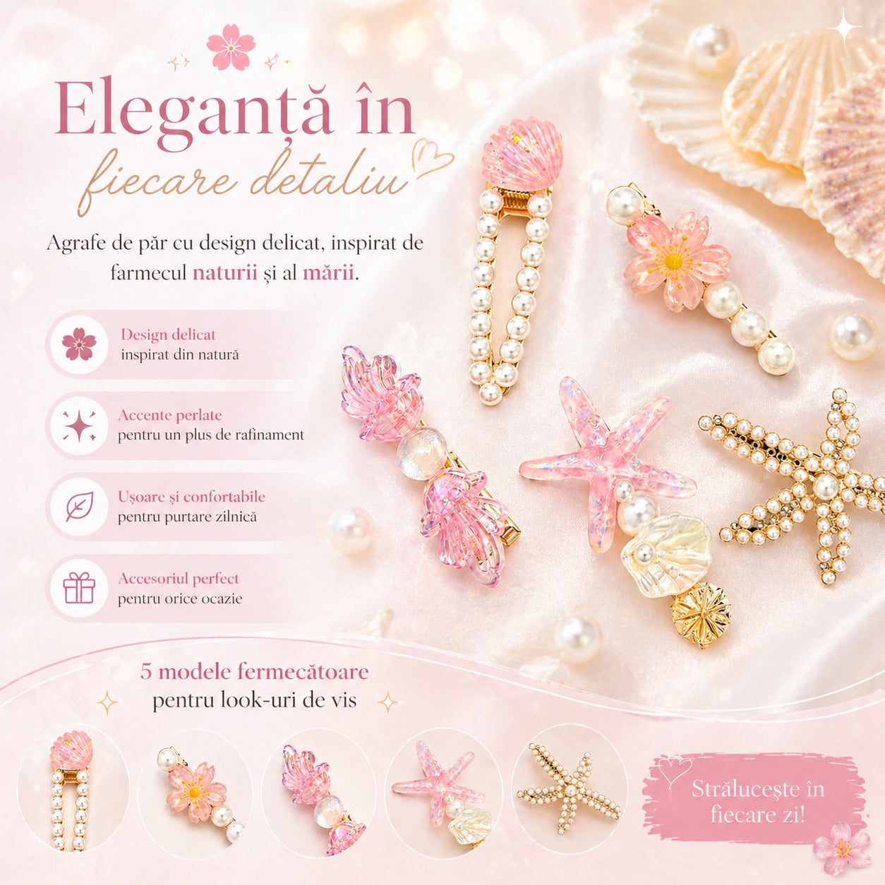 Set de 5 Clame de Păr colorate, modele cu Perle, Scoici și Stea de Mare, Culori Diverse