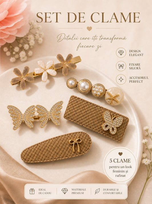 Set de 5 Clame de Păr , model fluturi si perle, Accesorii Elegante