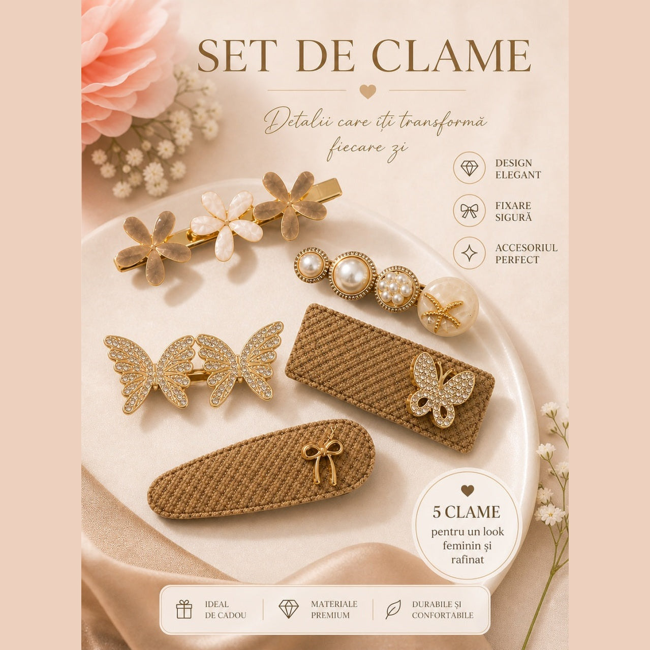 Set de 5 Clame de Păr , model fluturi si perle, Accesorii Elegante