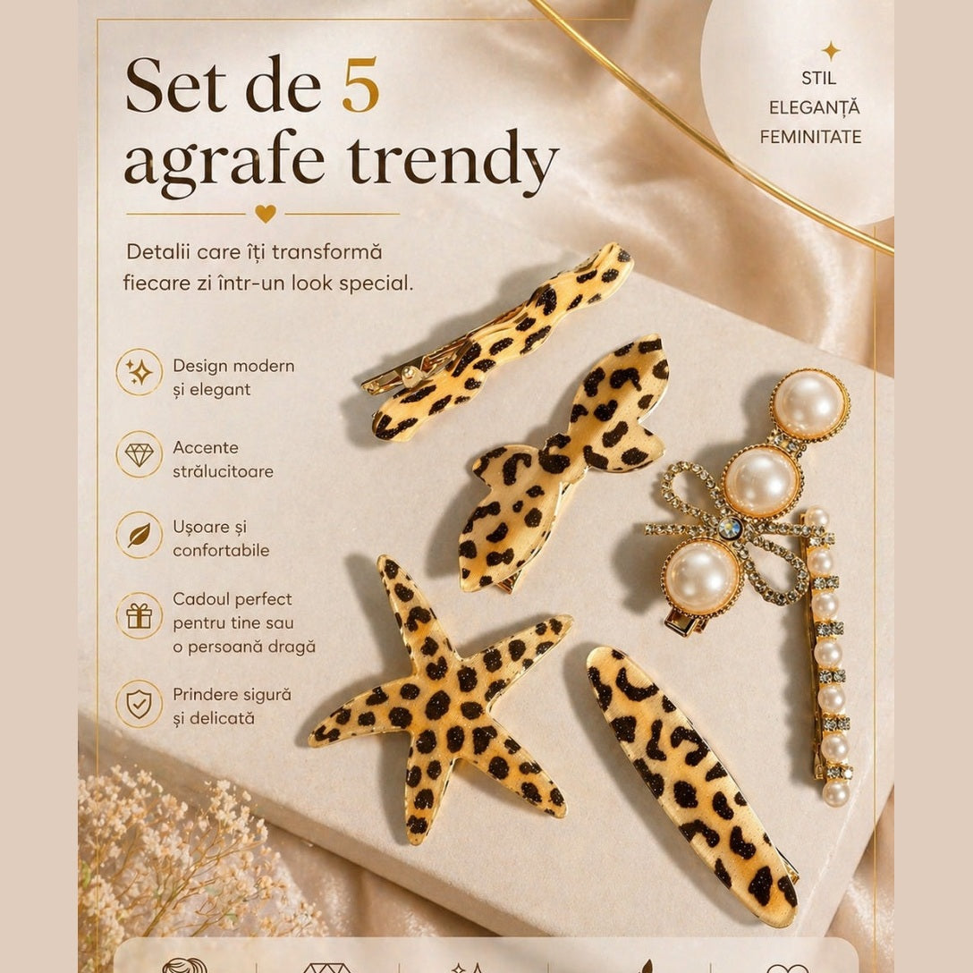 Set de 5 clame de par , Model Leopard și Perle, Accesorii Elegante