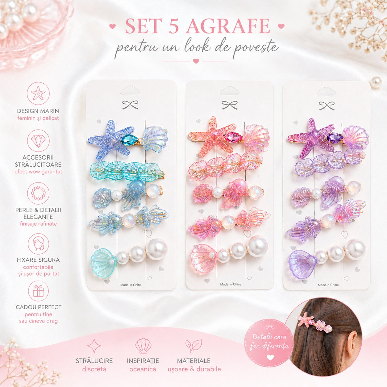 Set de 5 Clame de Păr Ocean – Scoici, Stea de Mare și Perle, Culori Diverse