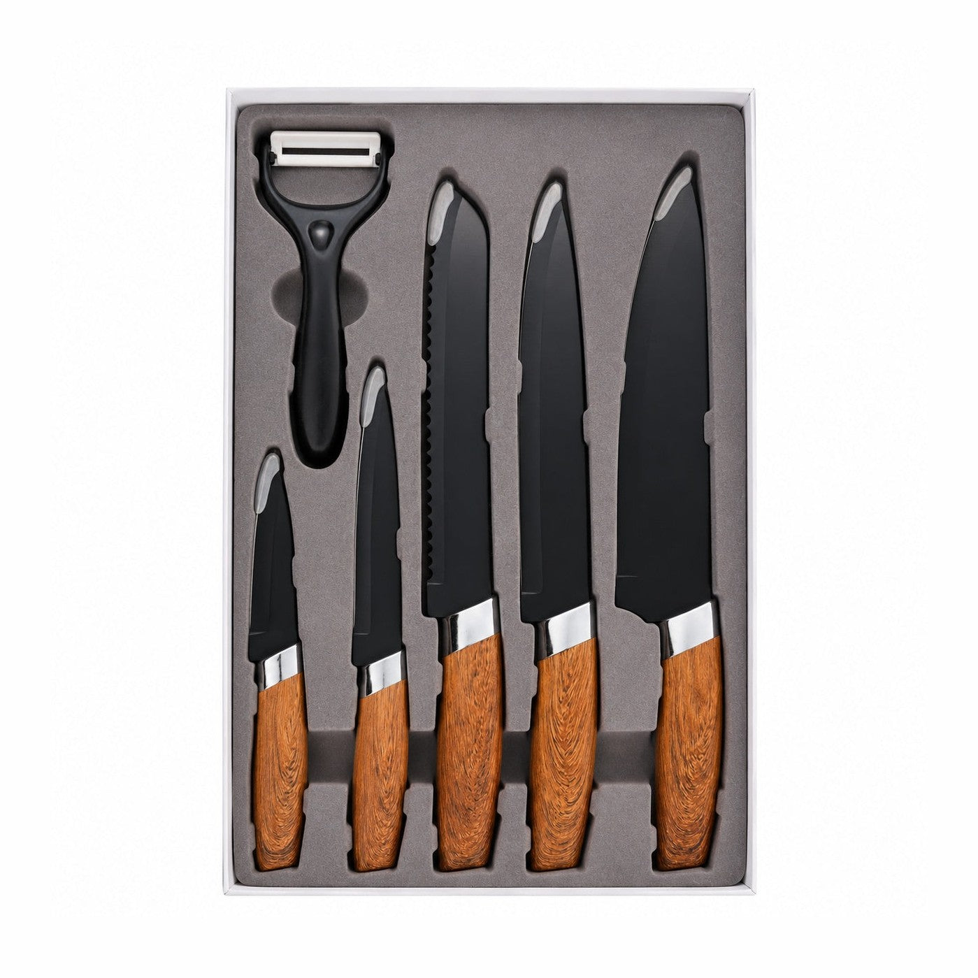 Set de 5 cutite de bucatarie si curatator legume, invelis marmura, maner ergonomic