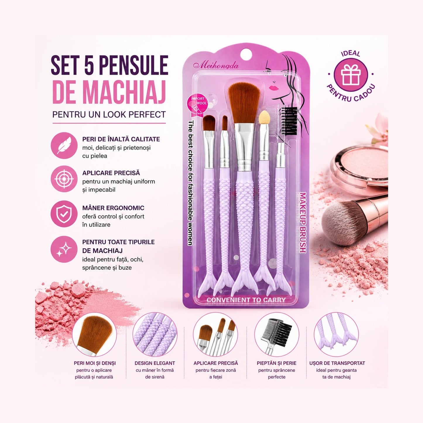 Set de 5 Pensule de Machiaj Mov – Pensule Profesionale în Formă de Sirenă