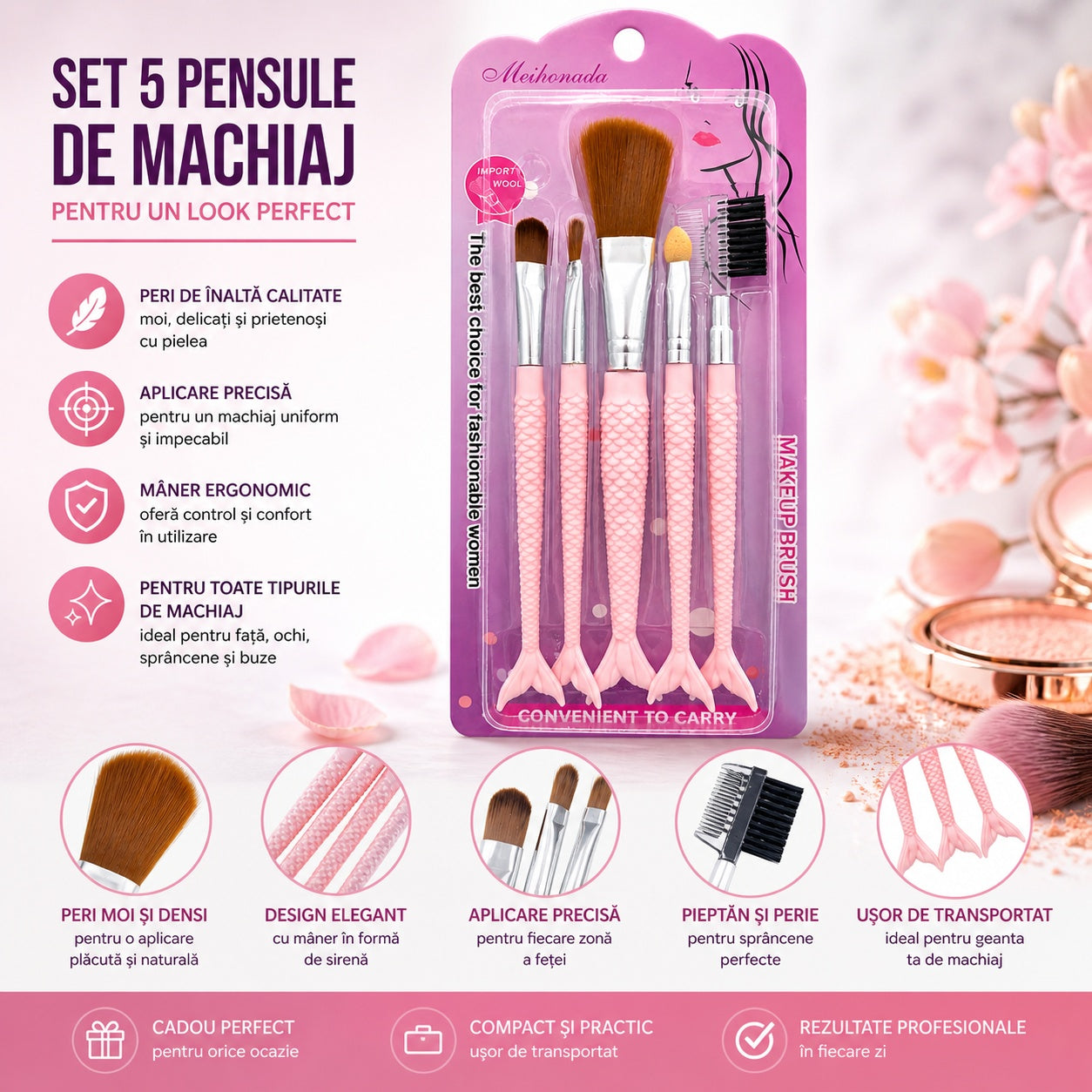 Set de 5 Pensule de Machiaj Roz – Pensule Profesionale în Formă de Sirenă