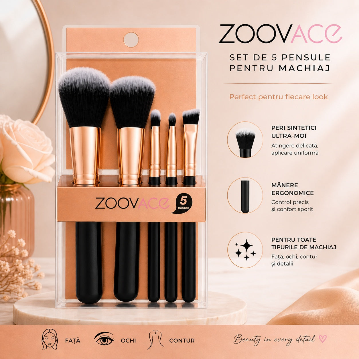 Set de 5 Pensule Machiaj , negru – Pensule Profesionale pentru Față, Ochi și Contur