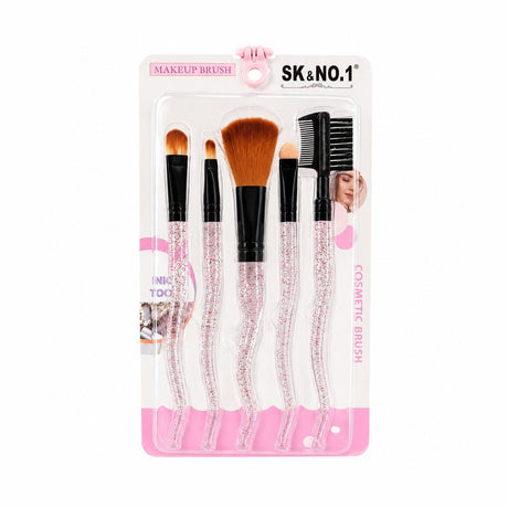 Set de 5 Pensule Profesionale pentru Machiaj – Mânere cu Sclipici Roz și Fibre Ultra-Moi