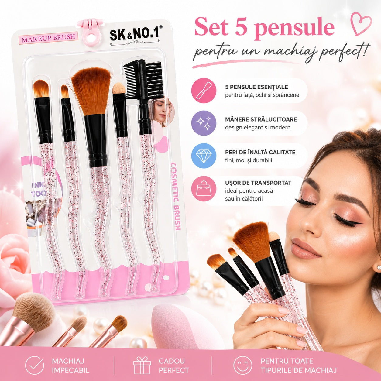 Set de 5 Pensule Profesionale pentru Machiaj – Mânere cu Sclipici Roz și Fibre Ultra-Moi