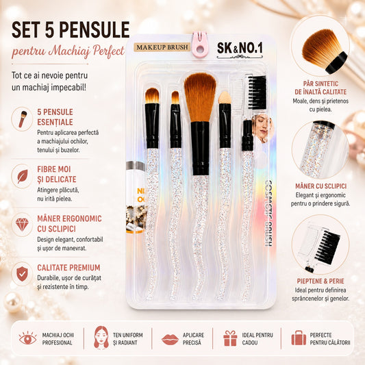 Set de 5 Pensule Profesionale pentru Machiaj – Mânere cu Sclipici Multicolor și Fibre Ultra-Moi