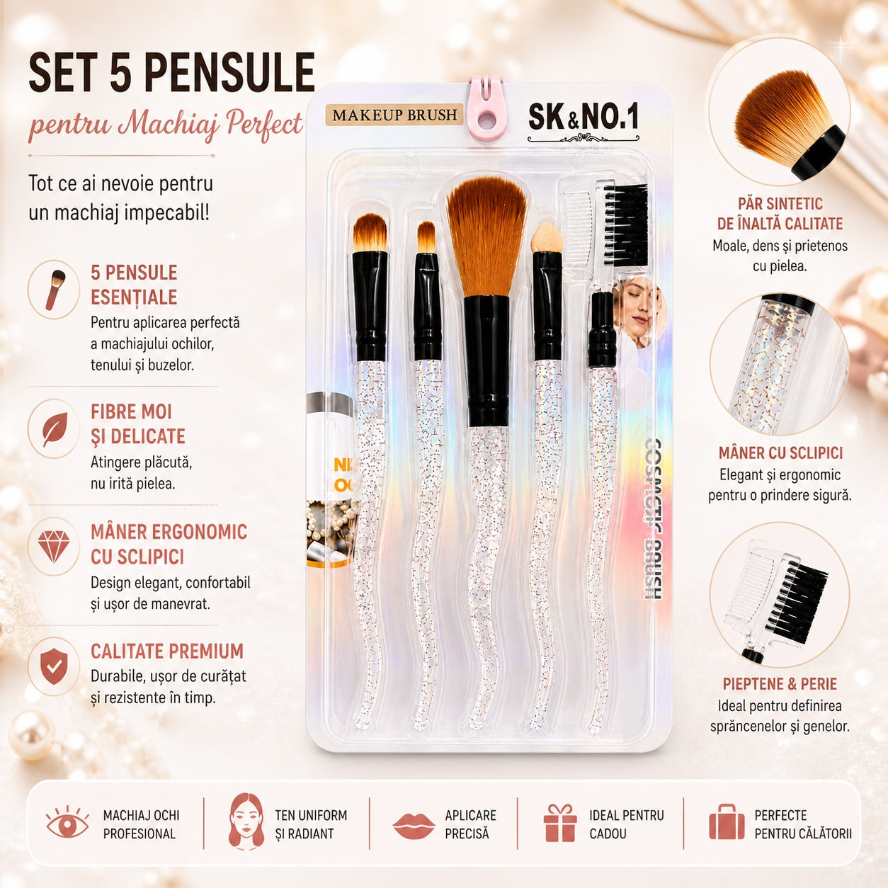 Set de 5 Pensule Profesionale pentru Machiaj – Mânere cu Sclipici Multicolor și Fibre Ultra-Moi