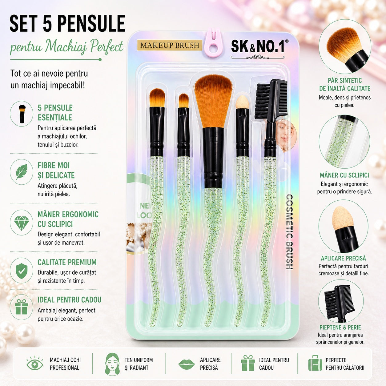 Set de 5 Pensule Profesionale pentru Machiaj – Mânere cu Sclipici Verde și Fibre Ultra-Moi