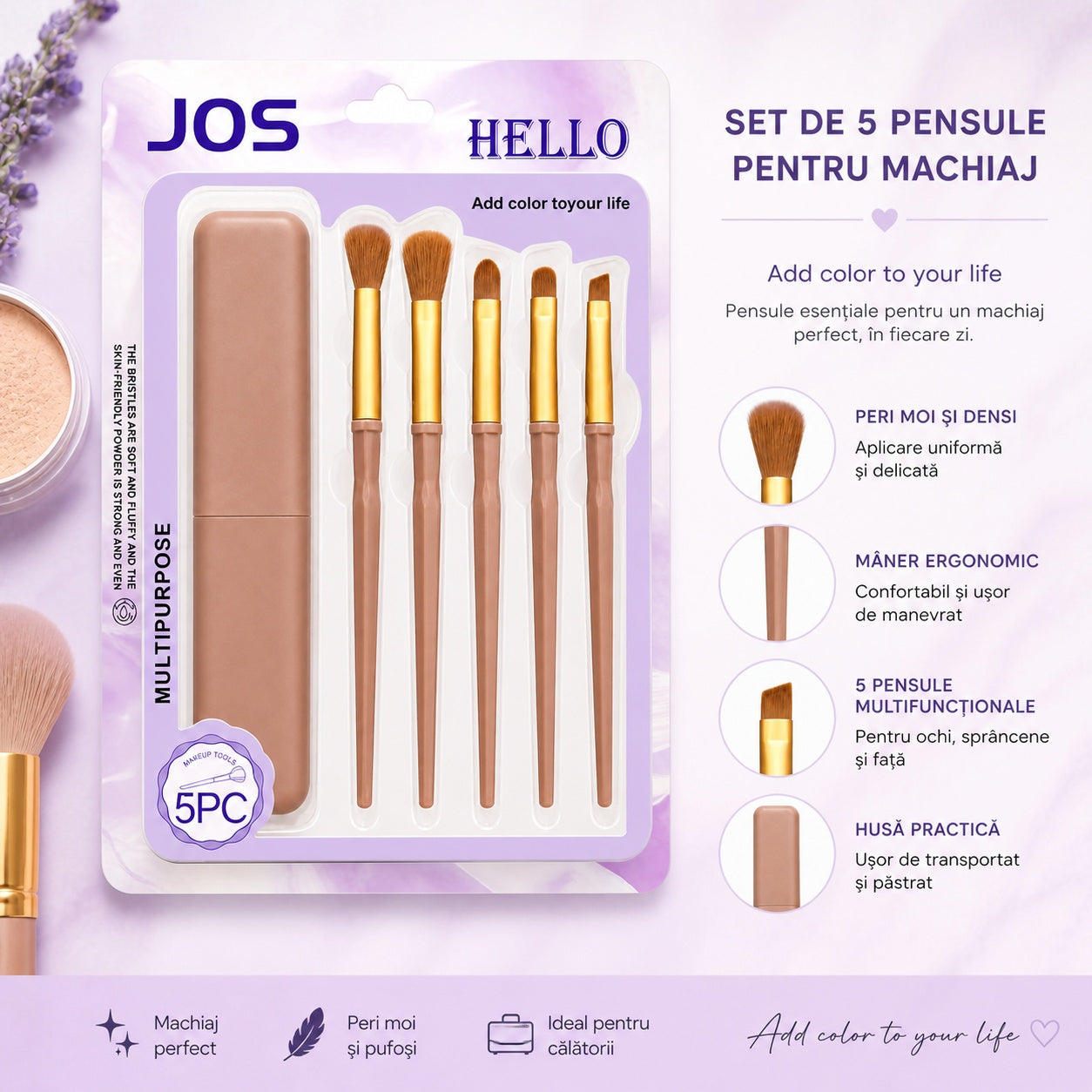 Set de 5 Pensule Profesionale pentru Machiaj Bej– cu Husă pentru Transport