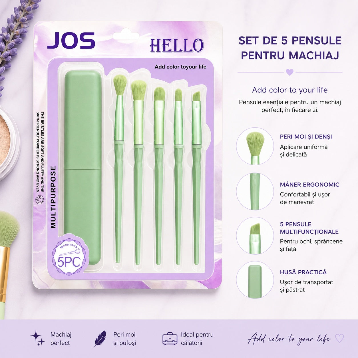 Set de 5 Pensule Profesionale pentru Machiaj Verde Deschis – Husă pentru Transport