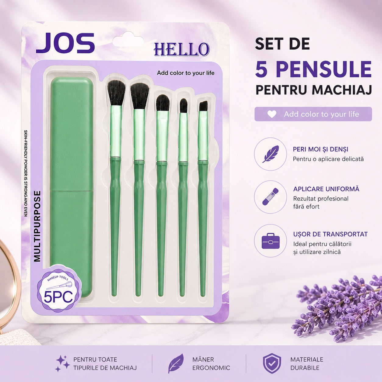 Set de 5 Pensule Profesionale pentru Machiaj Verde Închis – cu Husă pentru Transport