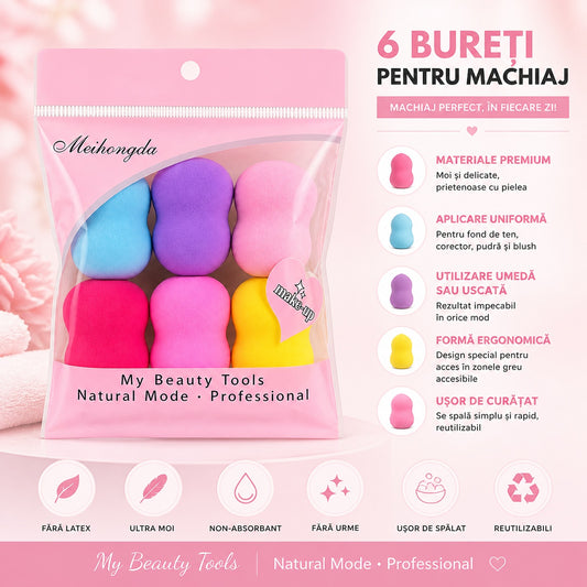 Set de 6 Bureței pentru Machiaj Profesional – Multicolor, Ultra Moi și Reutilizabili