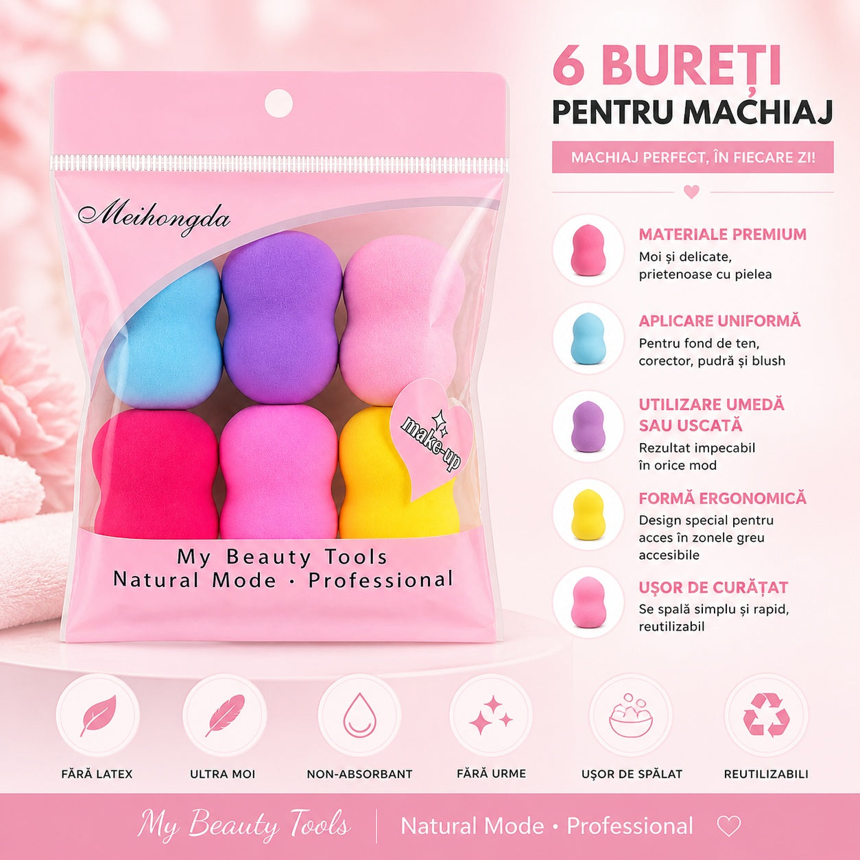 Set de 6 Bureței pentru Machiaj Profesional – Multicolor, Ultra Moi și Reutilizabili