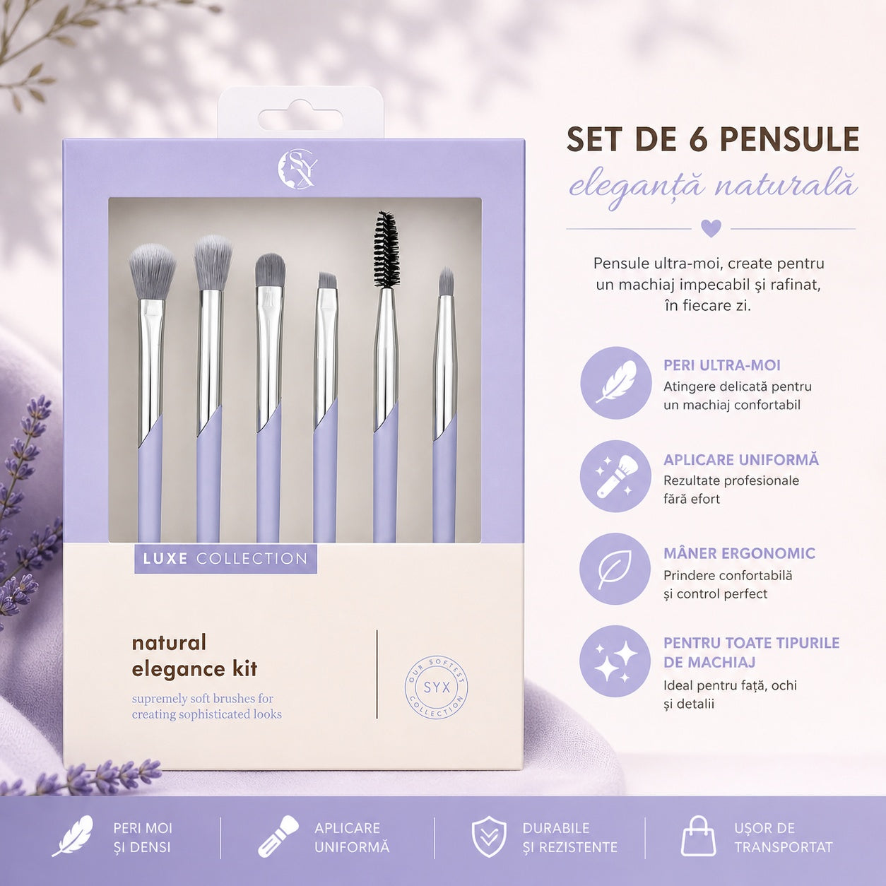 Set de 6 Pensule Profesionale Machiaj Luxe Collection Albastru Deschis – Peri Ultra-Moi și Design Elegant