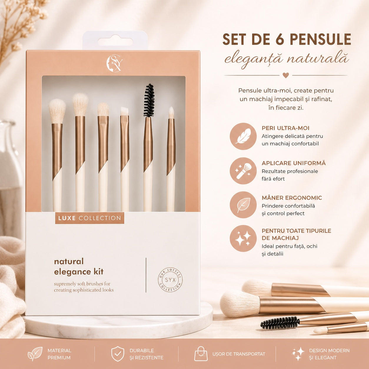 Set de 6 Pensule Profesionale Machiaj Luxe Collection Bej – Peri Ultra-Moi și Design Elegant