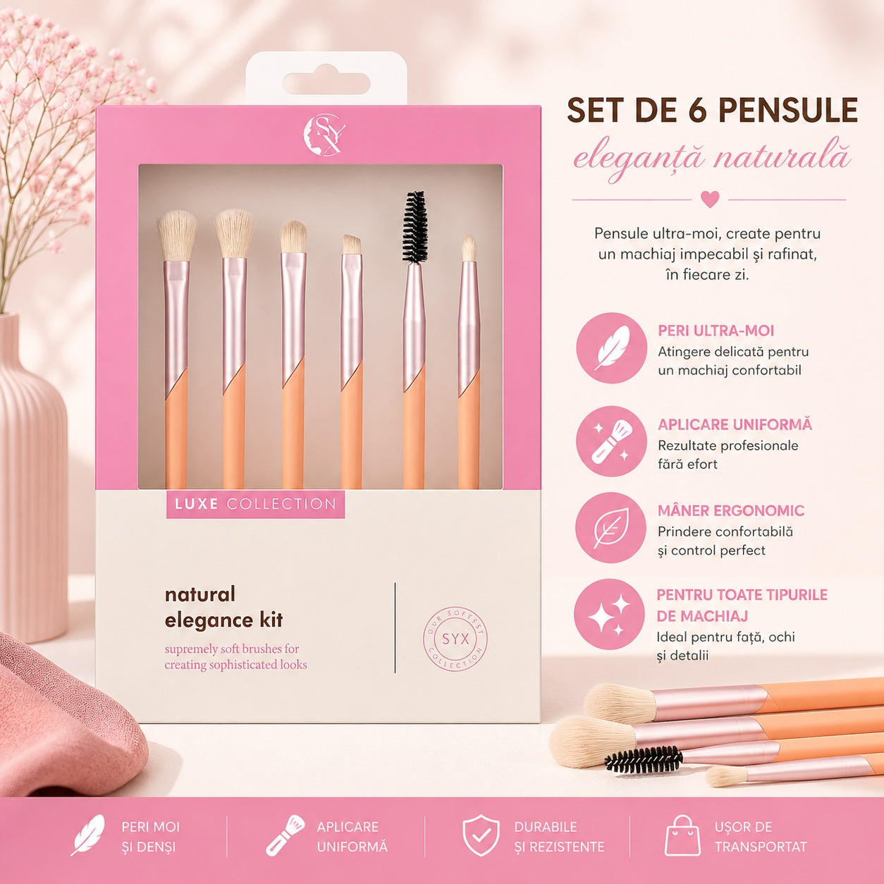 Set de 6 Pensule Profesionale Machiaj Luxe Collection Roz – Peri Ultra-Moi și Design Elegant