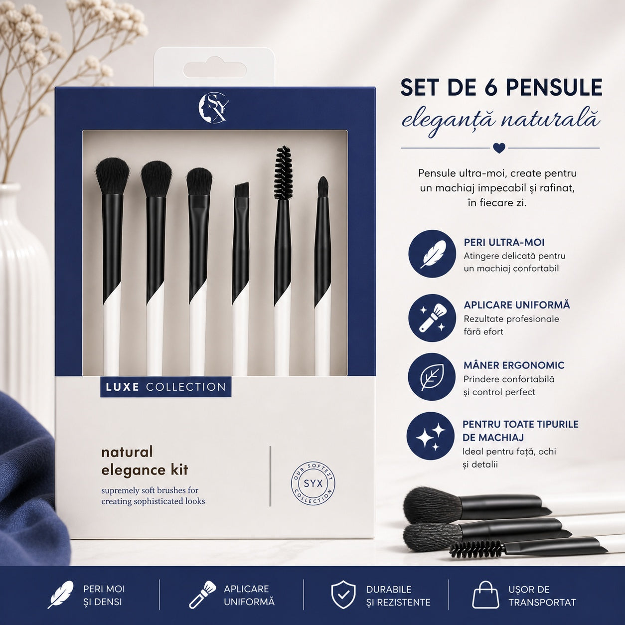 Set de 6 Pensule Profesionale pentru Machiaj Luxe Collection – Peri Ultra-Moi, Design Elegant Albastru Închis