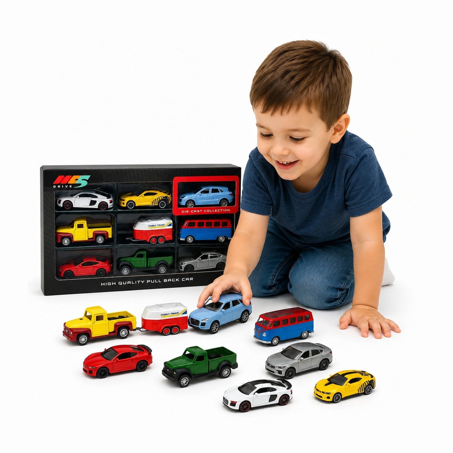 Set de 9 masinute metalice die-cast, modele diverse, functie pull back, 10cm