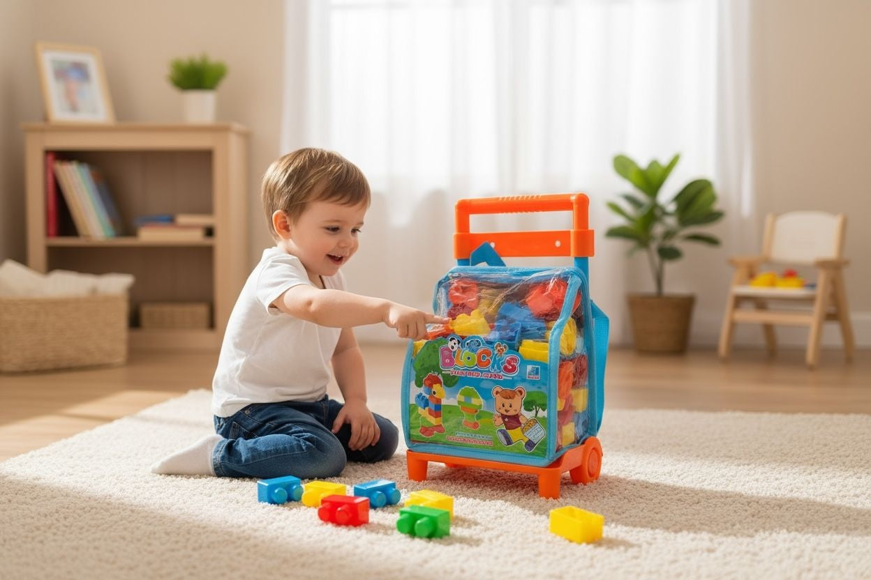 Set de Blocuri de Construit Play and Learn in Ambalaj Tip Troller , 27x14x12cm
