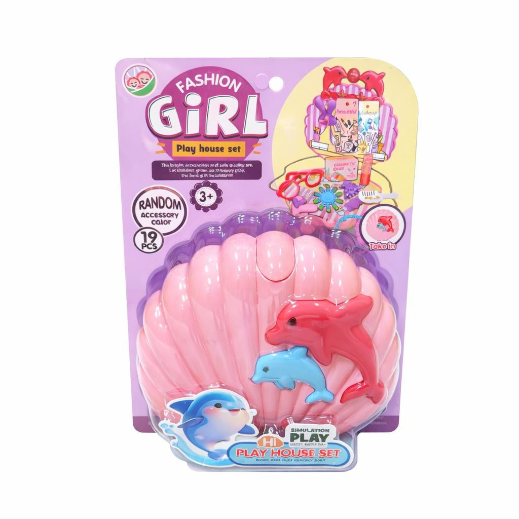 Set de doctor jucarie pentru copii, forma scoica roz cu delfini, 19 piese