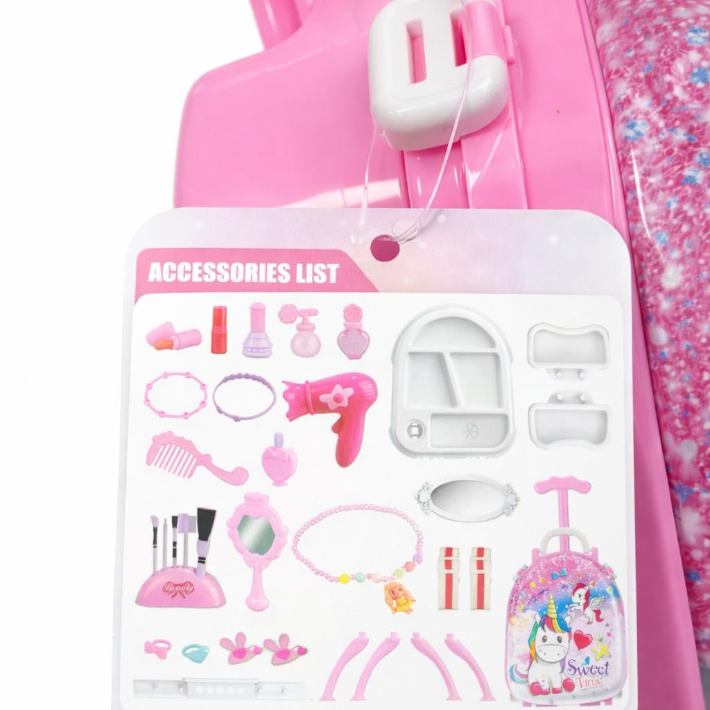 Set de infrumusetare pentru fetite tip troler cu accesorii, unicorn roz
