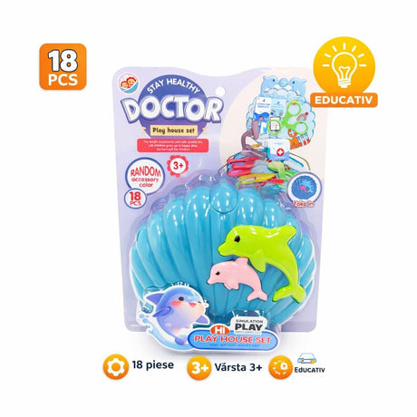 Set de joacă doctor albastru cu temă delfin din plastic, trusă doctor cu accesorii interactive