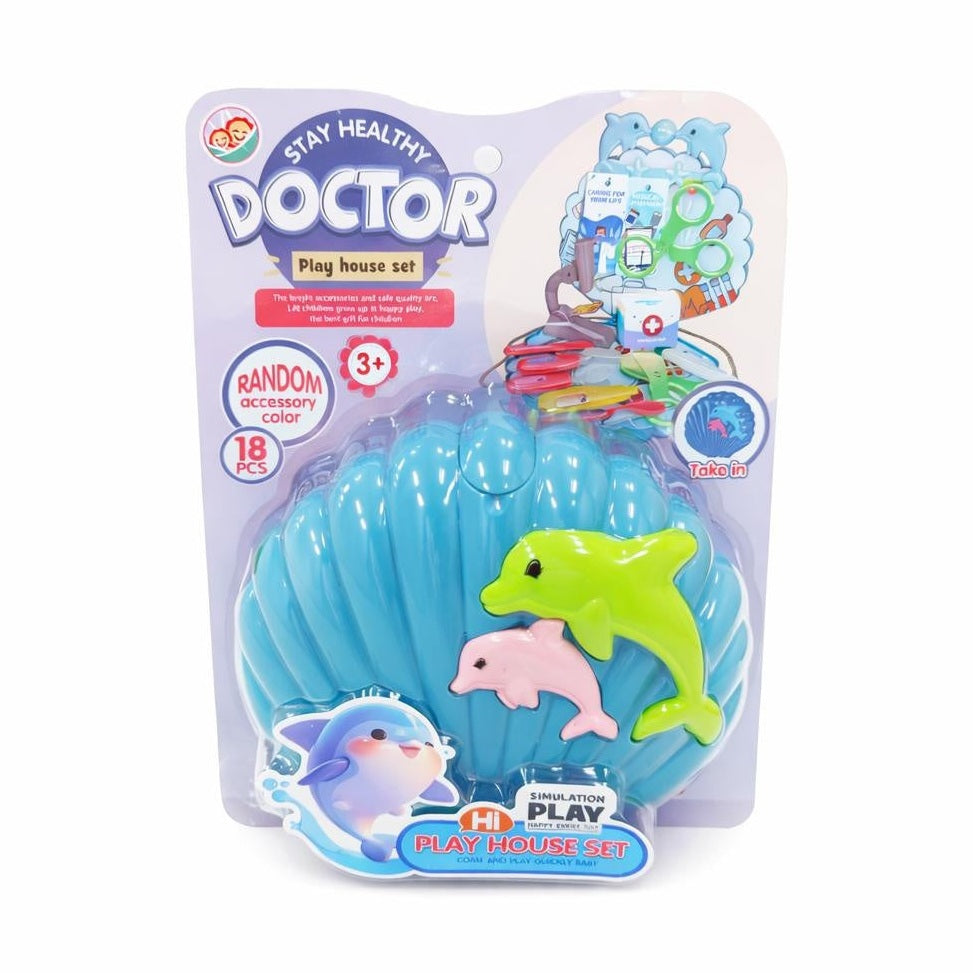 Set de joacă doctor albastru cu temă delfin din plastic, trusă doctor cu accesorii interactive