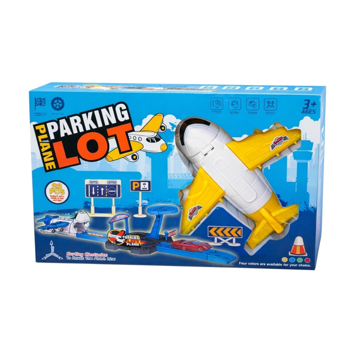 Set de joacă pentru copii cu avion, pistă de parcare și 28 de accesorii incluse, din plastic durabil, 32x20,5x5,5 cm