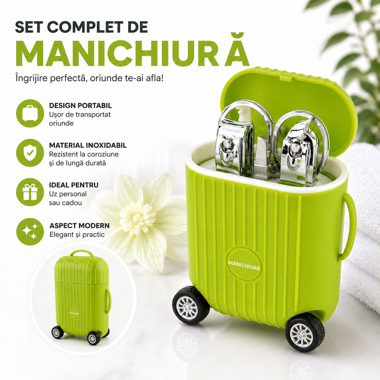 Set de Manichiură Profesional cu Husă Troller Verde – Kit Portabil pentru Îngrijirea Unghiilor