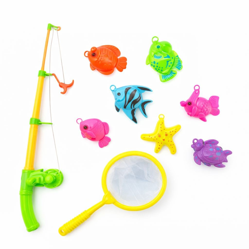 Set de pescuit pentru copii-undita, plasa si pesti colorati, joc interactiv, 50 cm